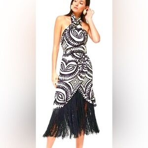 NWT Andres Otalora Zipa Midi Designer Dress ✨Tribal Print Fringe‎ Hem Cocktail